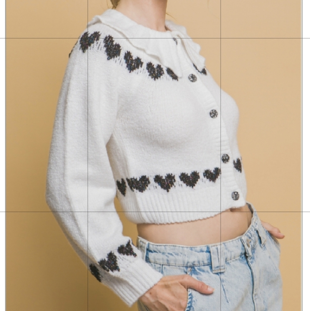 Love Tree White/Black Heart Pattern Cropped Button Up Cardigan Sweater